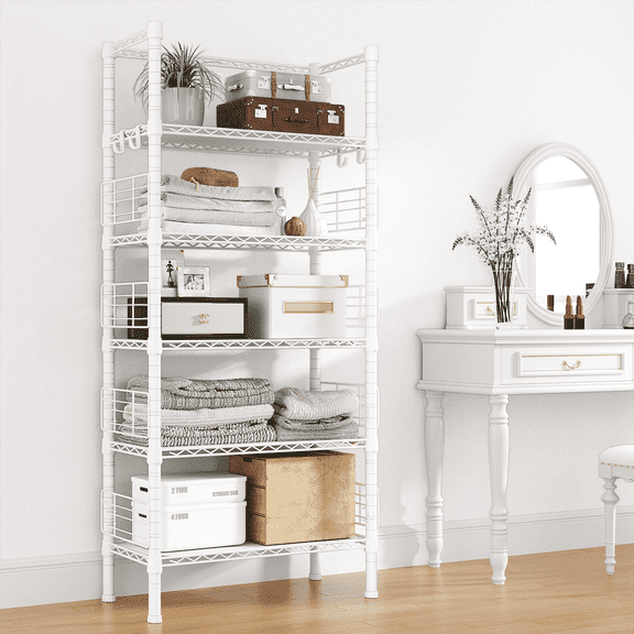 FUTASSI Metal Storage Rack, 5-Tier Freely Adjustable Storage Shelf, 400 lbs Capacity 21.2"W×9.4"D×59.2"H for Kitchen Bathroom Closet Apartment, White