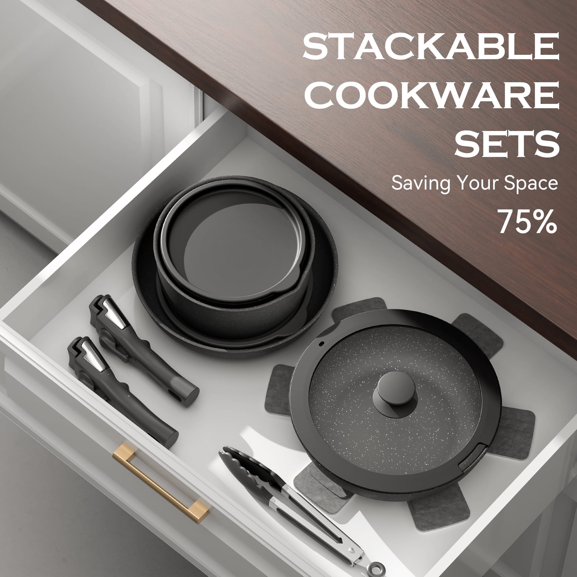 ALPULON 18Pcs Ceramics Pots and Pans Set with Lids, for Induction Cookware,Black