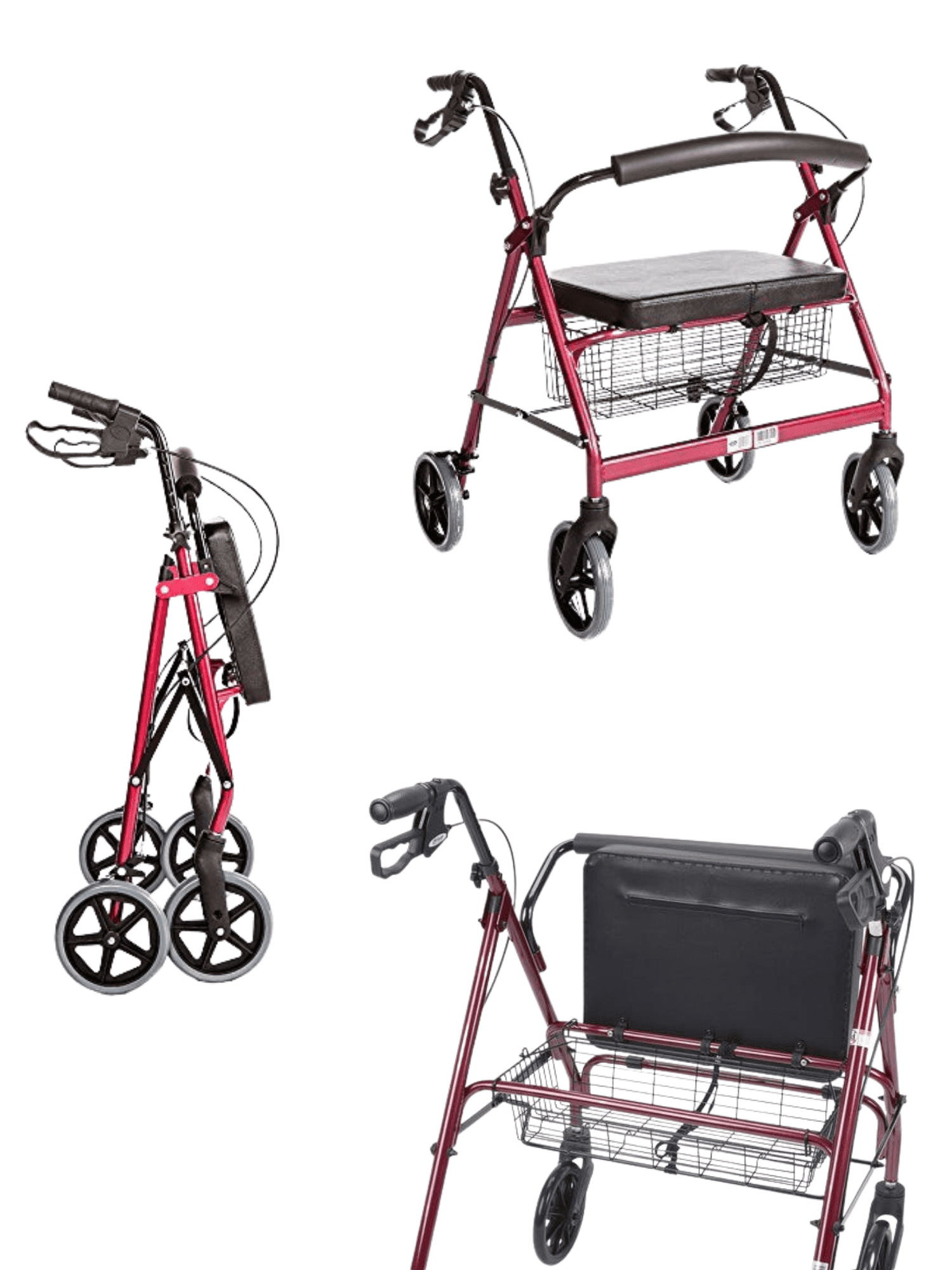 HEALTHLINE Heavy Duty Bariatric Rollator Walker For Senior With Seat and Wheels, 4 Wheel Walker With Seat and Basket and Brakes, Medical Heavy Duty Walker With Seat for Seniors, Red