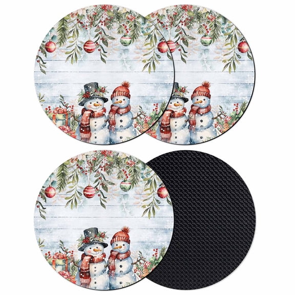 Blue Wooden Snowman Christmas Coasters Set of 4, Absorbent Coasters for Drinks, Xmas Poinsettia Winter Gifts Coaster for Desk Coffee Table Protection, Home Decor House Warming Gifts 4"