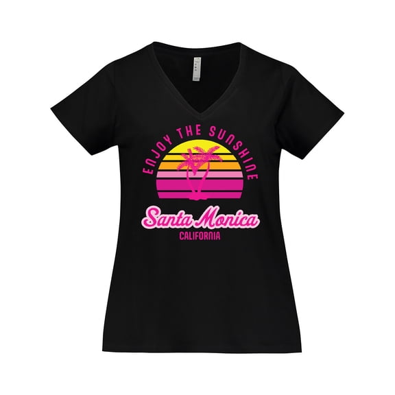 Inktastic Summer Enjoy the Sunshine Santa Monica California in Pink Women's Plus Size V-Neck T-Shirt