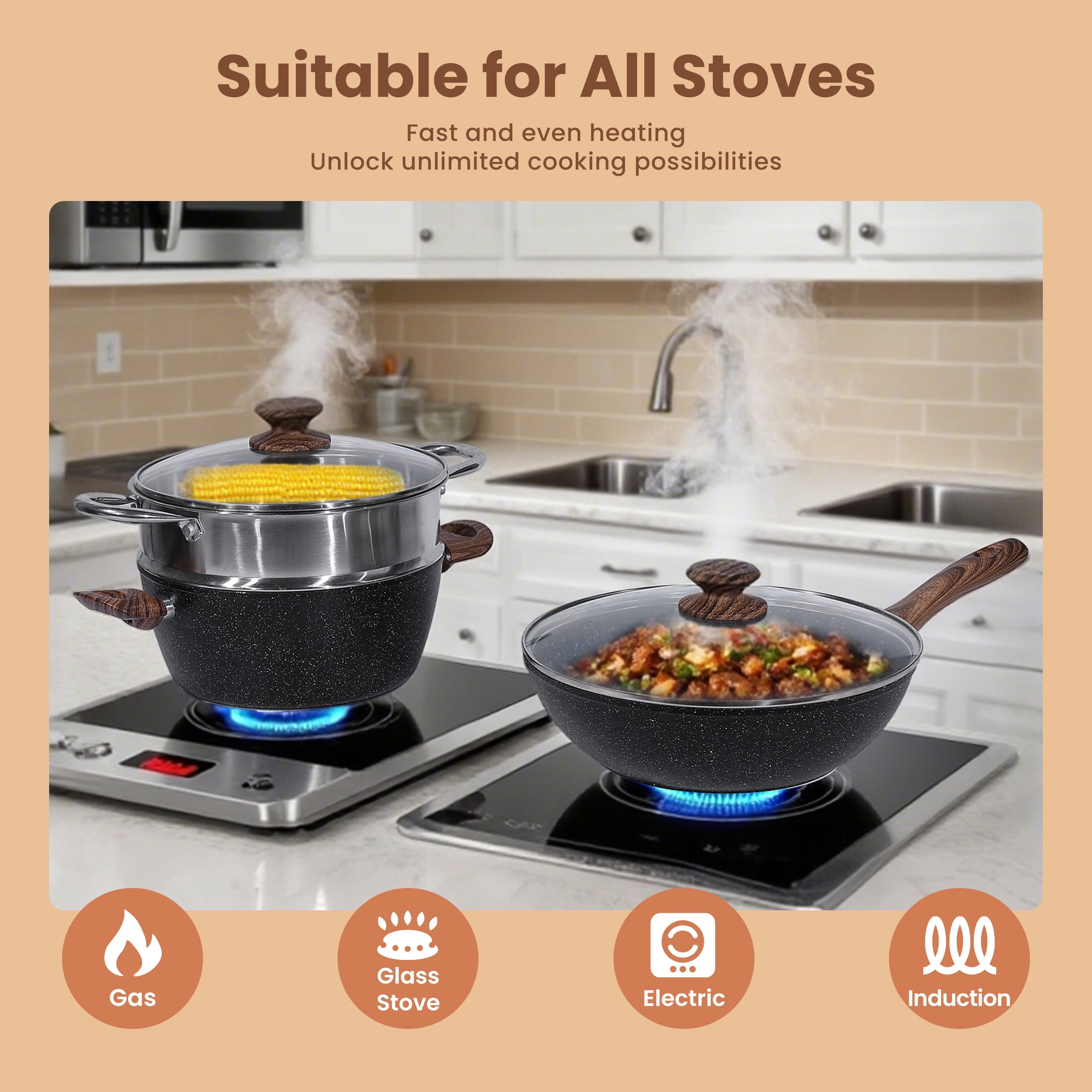 edx 17pcs Non-Stick Cookware Set, Pots and Pans Set with Detachable Handle for Kitchen, Black