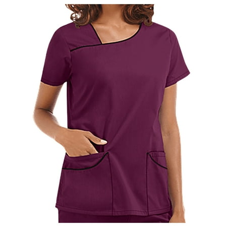 

YYNKM Womens Tops Summer Clearance Women s Scrubs Top with Pocket Short Sleeve Working Uniform Top Nurses Tunic Uniform Clinic Carer O-Neck Tees Protective Clothing Tops Care Workers T-Shirt Tops