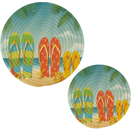 

SKYSONIC 2 Pack Summer Starfish Flip Flops Trivet Mat Tropical Palm Leaves Beach Pot Holders Set Hot Pads Potholder Cotton for Kitchen Weave Pot Mat Cooking Baking Decor Home