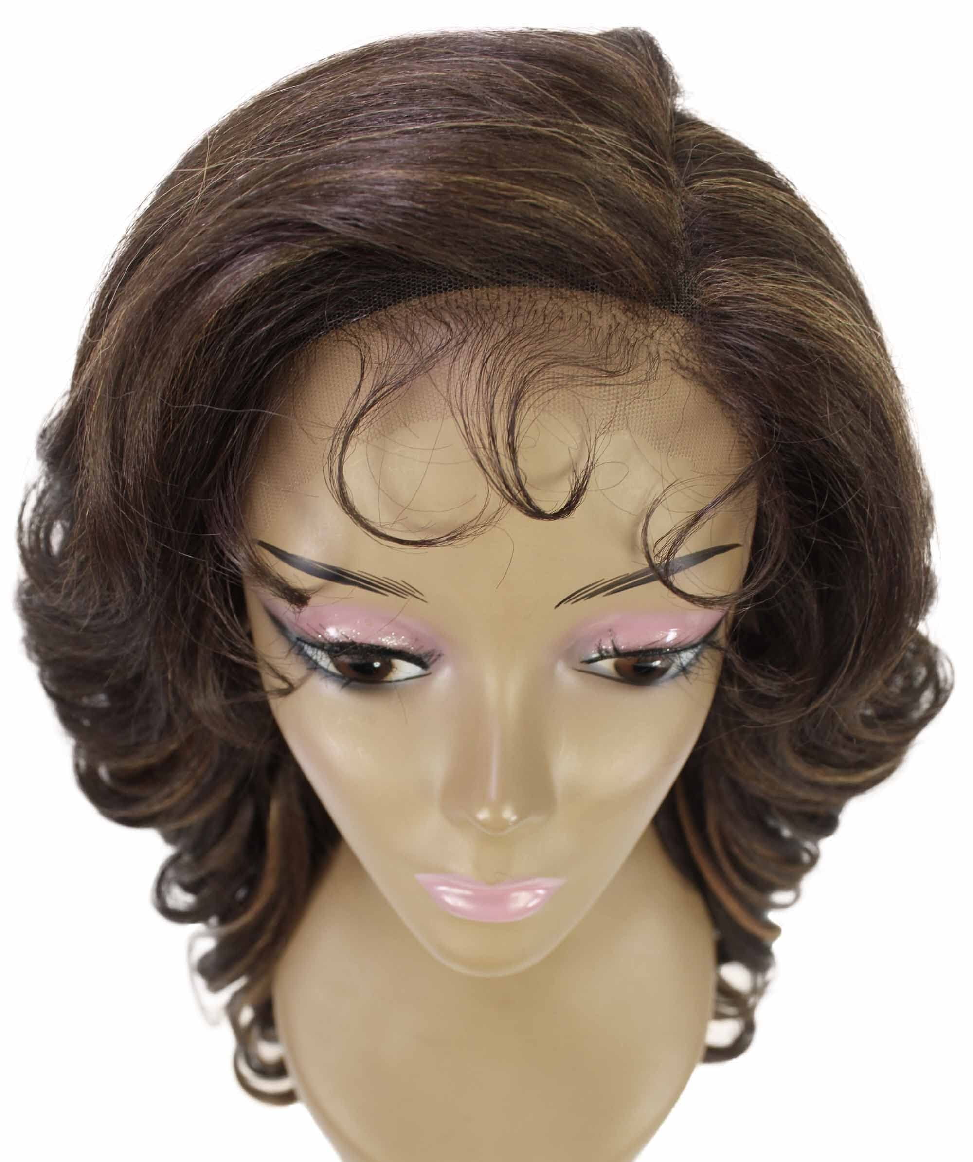 LUXLUXE Nia Wavy Glamour 20 in Long T Part Lace Front Wig, Heat Resistant Fibers, Dip Dyed, & Blended Brown with Golden Highlights Colors