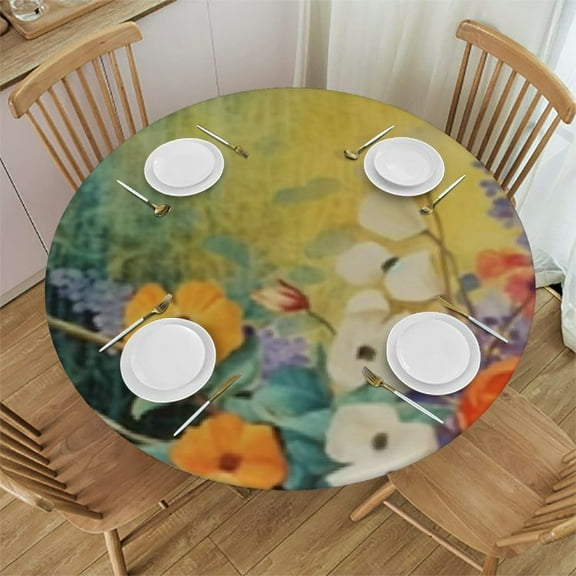 Round Tablecloth Fitted Table Cloth with Elastic Edge for Round Table, Watercolor Floral Circular Table Cover Waterproof Wipeable