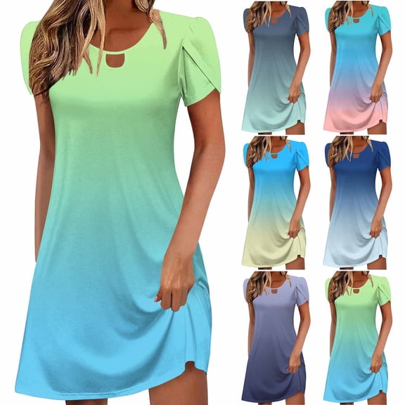 Vetsdori Short Sleeve Mini Dresses for Women Party Sundress Gradient Summer,Casual Crew Neck Tunic Ladies Dress Outfits