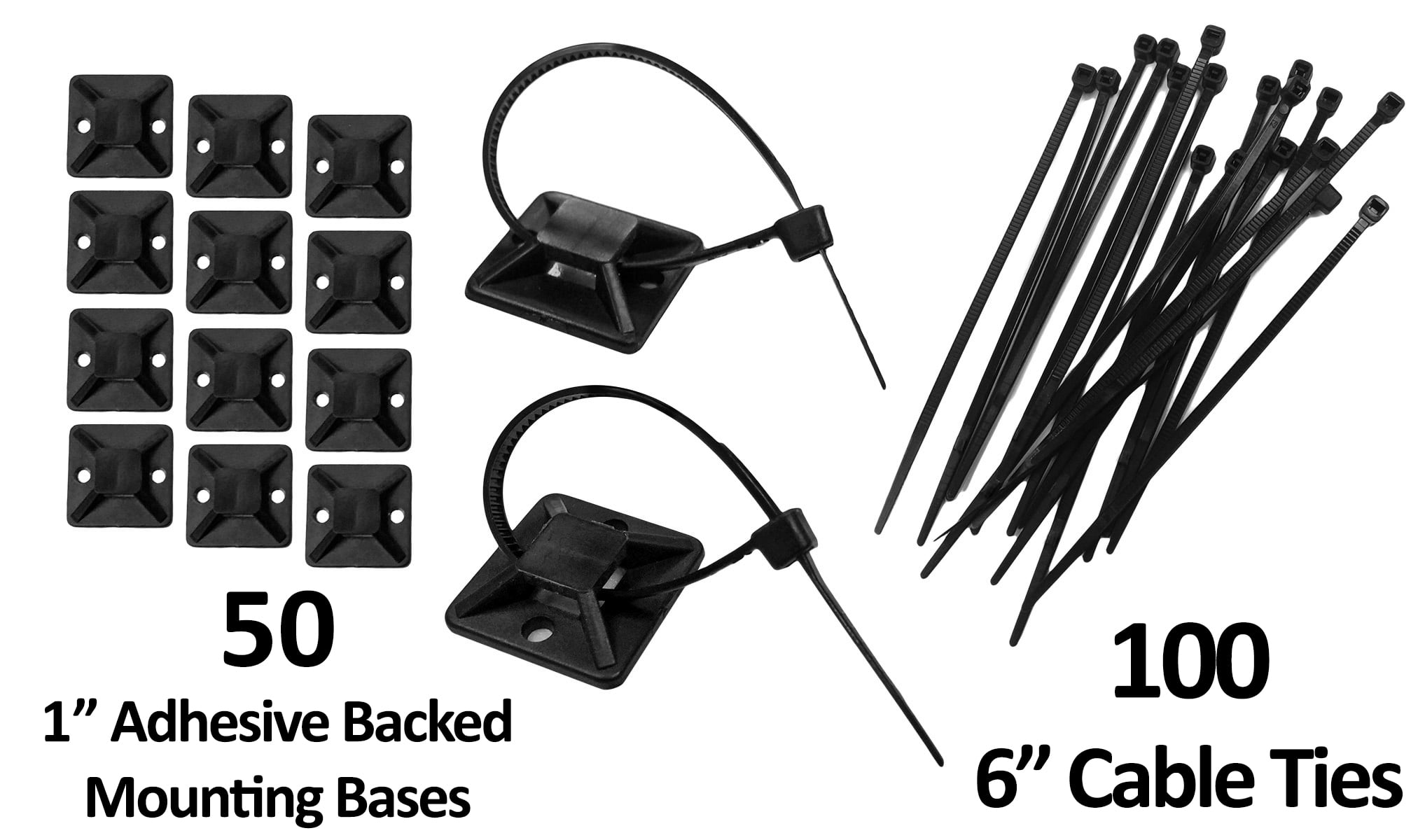 1" Adhesive Backed Mounting Bases with 6" Cable Ties Black