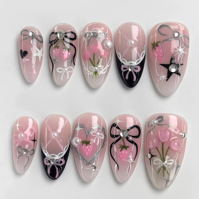 Press on Nails GJJBQTT, diseño de San Valentín, largo y almendra, 24 unidades, acrílico
