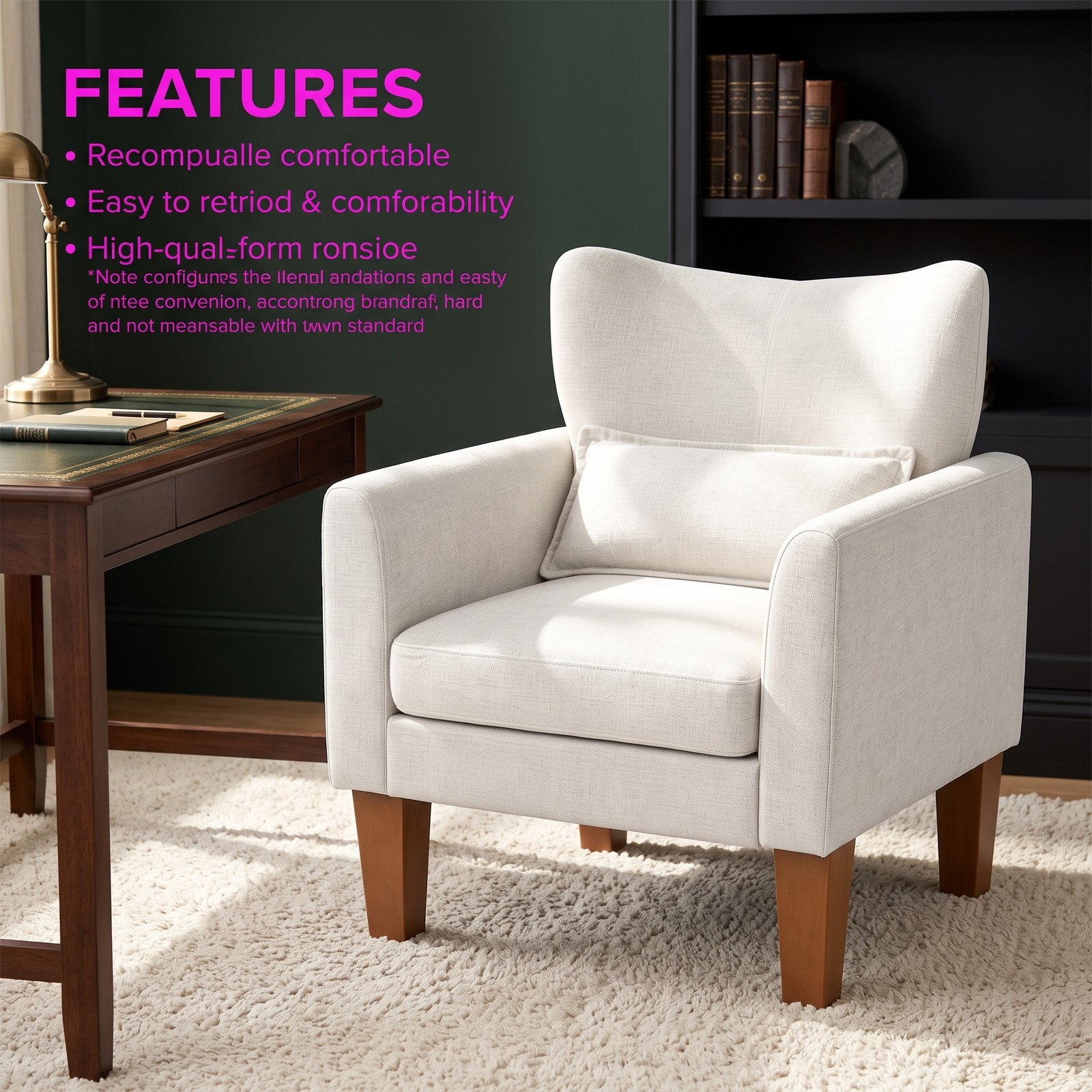 Furnibear Modern Accent Chair with Removable Seat Cushion and Lumbar Pillow, Faux Linen Upholstered Armchair for Living Room Bedroom Office Reading Nook, 350, Beige