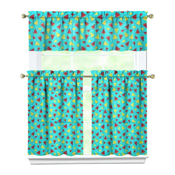Geometric Watermelon Kitchen Curtains Set, Tropical Summer Fruit Print with Fresh Sunshine Pattern, Cute Watermelon Lovers Tier and Valance Drapes for Kitchen Decor