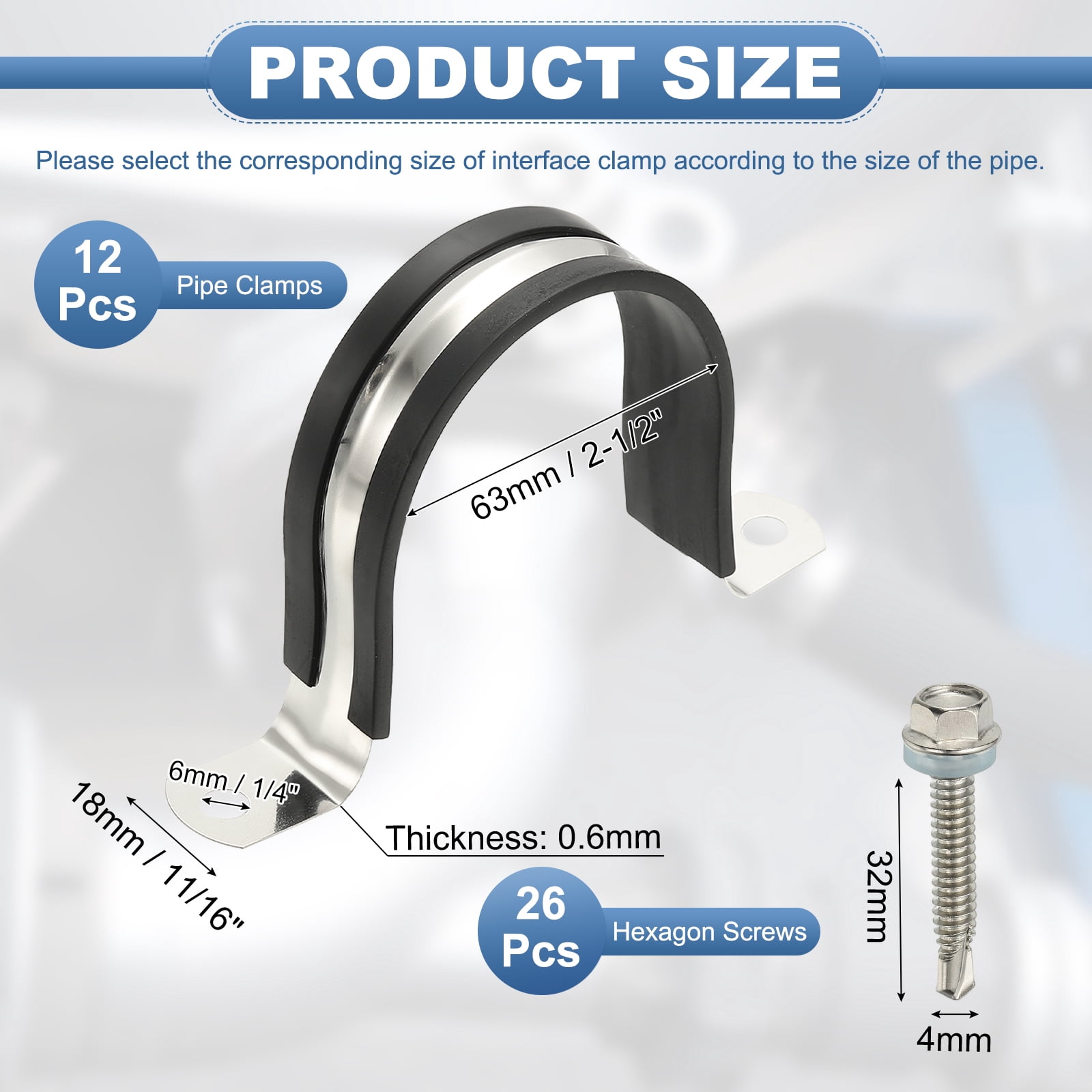 Uxcell 12Pcs Pipe Clamps, 2-1/2 Inch 304 Stainless Steel Rubber Cushioned U Bracket