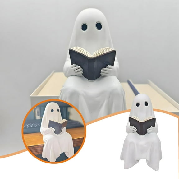 Sitting Ghost with Book - Halloween Decorations Indoor, Cute Ghost Figurine for Bookshelf, Desk or Mantel, Spooky Yet Charming Resin Decor for Home & Office