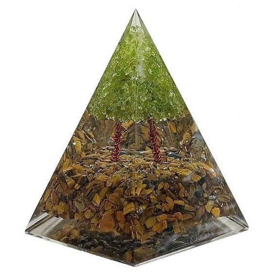Tree of Life Peridot and Tiger's Eye Crystal Pyramid Stone for House Protection, Feng Shui Items for Good Luck Reiki Healing Chakra Pyramid