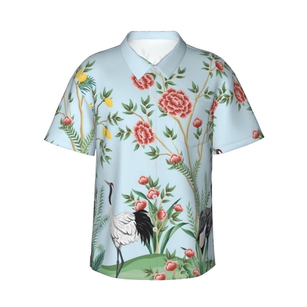 Fotbe Chinoiserie Floral Palm Tree Camisa Hawaiana para Hombre Unisex – Camisa Casual de Verano con Botones de Manga Corta de Algodón y Lino,Large