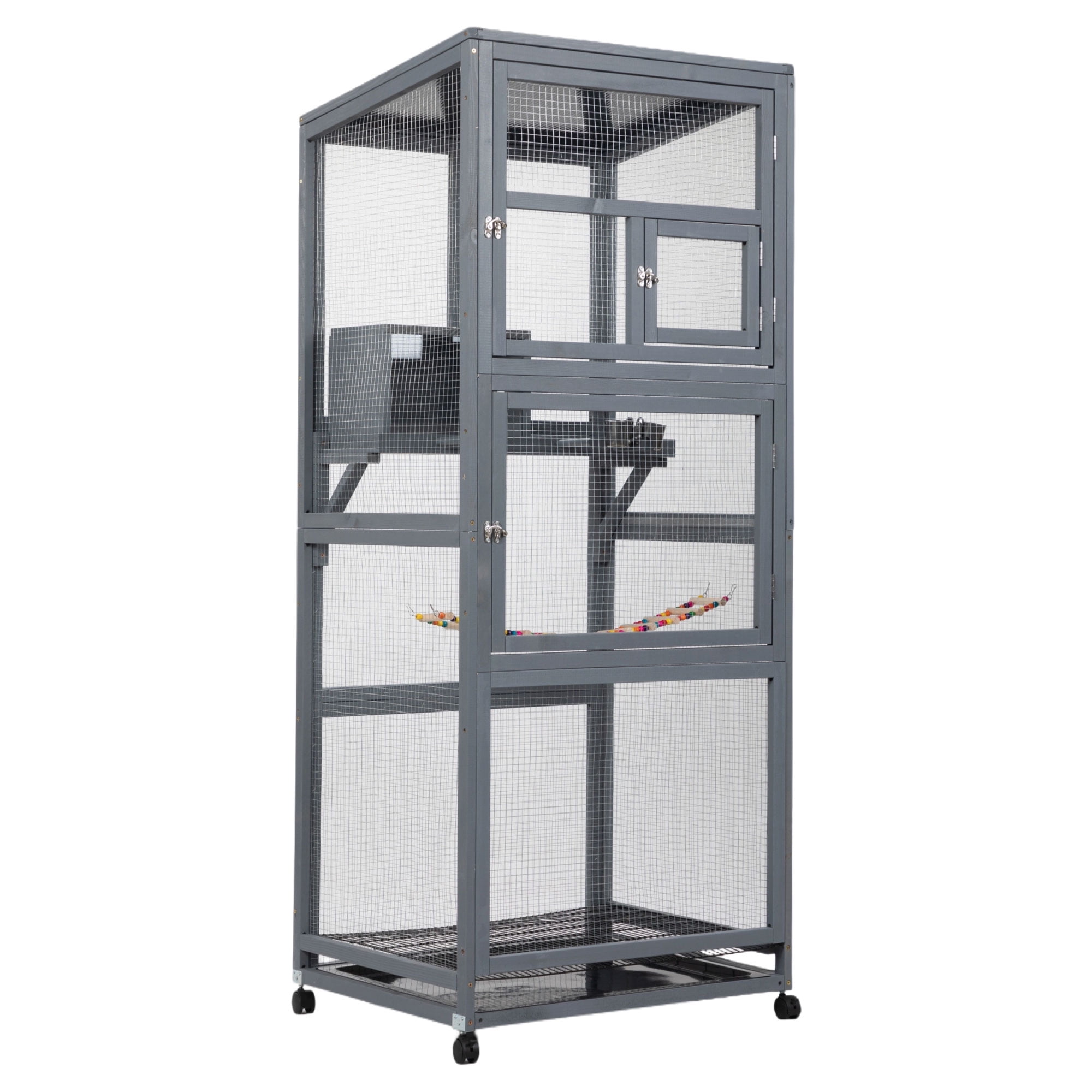 Kadyn 68" Outdoor Large Bird Cage with Universal Wheels, Wood Bird Aviaries Flight Cage Indoor Bird Habitats for Habitat for Parakeets, Lovebirds, Canaries, Gray