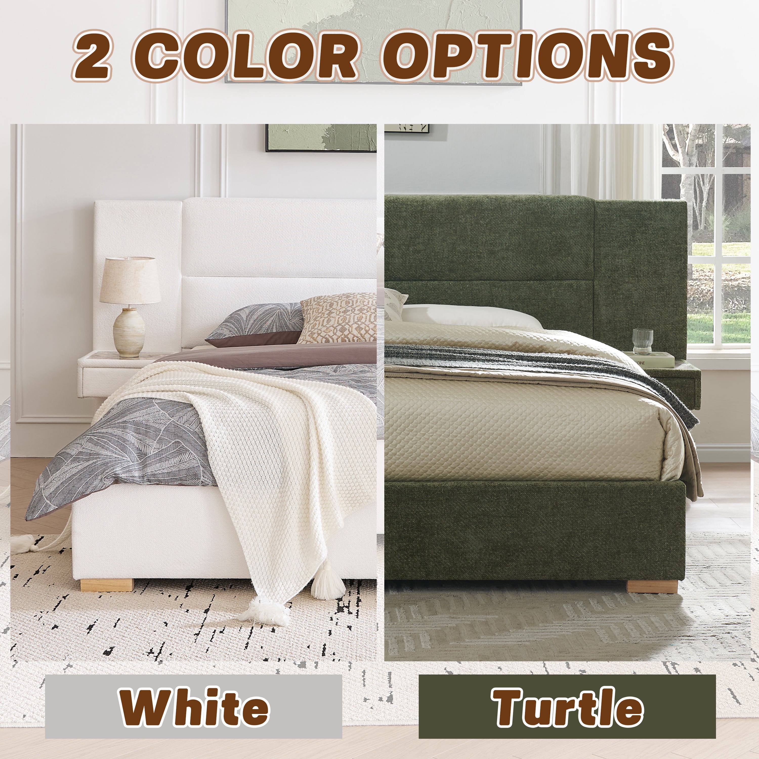 King Size Bed Frame Upholstered Platform Bed with Two Large Storage Drawers, Linen Fabric, Wooden Slat Support, Mattress Foundation, No Box Spring Needed, Noise-Free, Easy Assembly, White