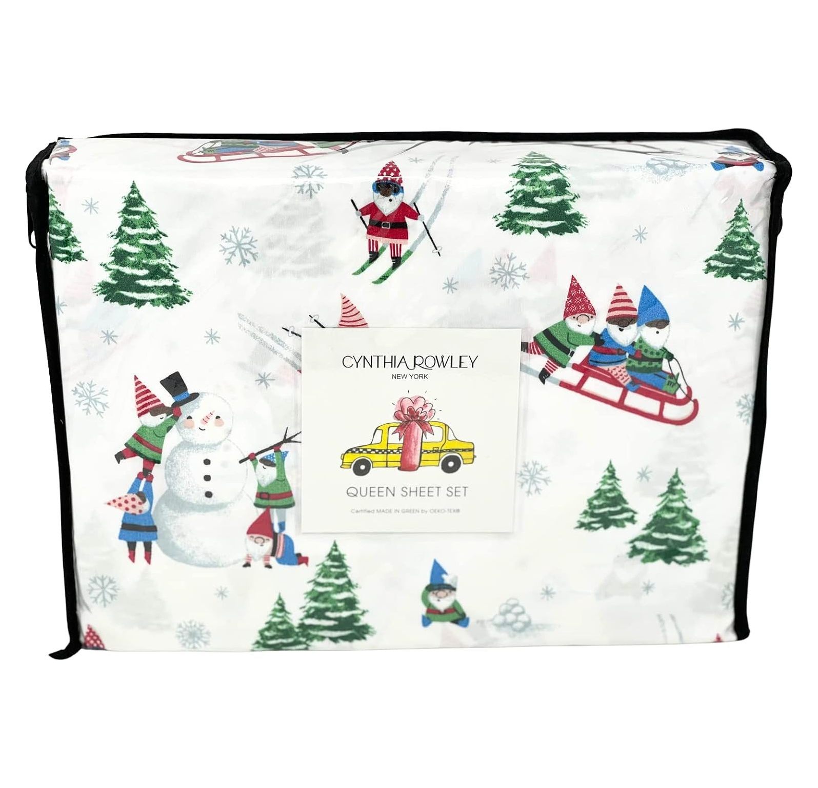 Cynthia Rowley 4 Pice Skiing Christmas Gnomes Festive Elves Trees Snowflakes Easy Care Wrinkle Free Winter Holiday Sheet Set (Queen (U.S. Standard)) - image 3 of 3