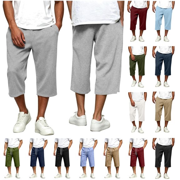 QATAINLAV Wine Mens Capri Pants Baggy Below Knee Summer Sweat Shorts Elastic Waist Casual Drawstring Athletic 3/4 Pants with Pockets L