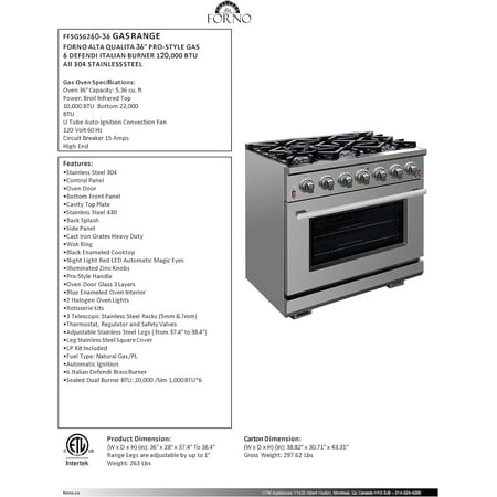 Forno Appliances - Capriasca Alta Qualita 5.36 Cu. Ft. Freestanding Single Oven Gas Range with Convection Oven - Stainless Steel