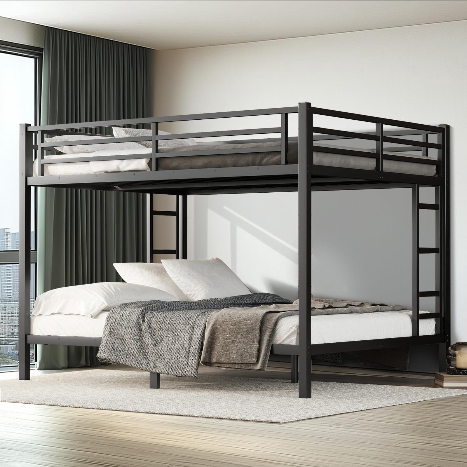 Miniyam Queen over Queen Metal Bunk Bed, Heavy-Duty Steel Frame for Adults with Safety Guardrails, Black