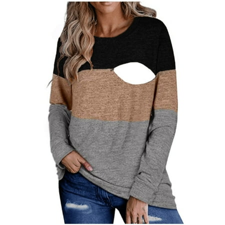 

Leesechin Maternity Summer Clothes Clearance Mother-To-Be O-Neck Splicing Long Sleeve Breast-Feeding Pregnant Woman Nursing Zipper Blouse Tops