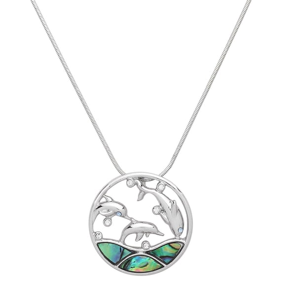 Dolphin Pendant Necklace Green Abalone Shell Rhodium Plated 17 Inch Snake Chain J1151