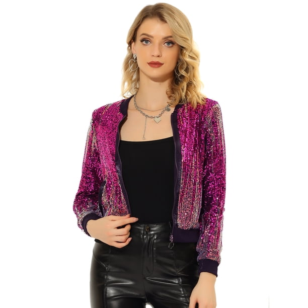 Chaqueta de Lentejuelas Allegra K para Mujer Brillante Ombre Fucsia M