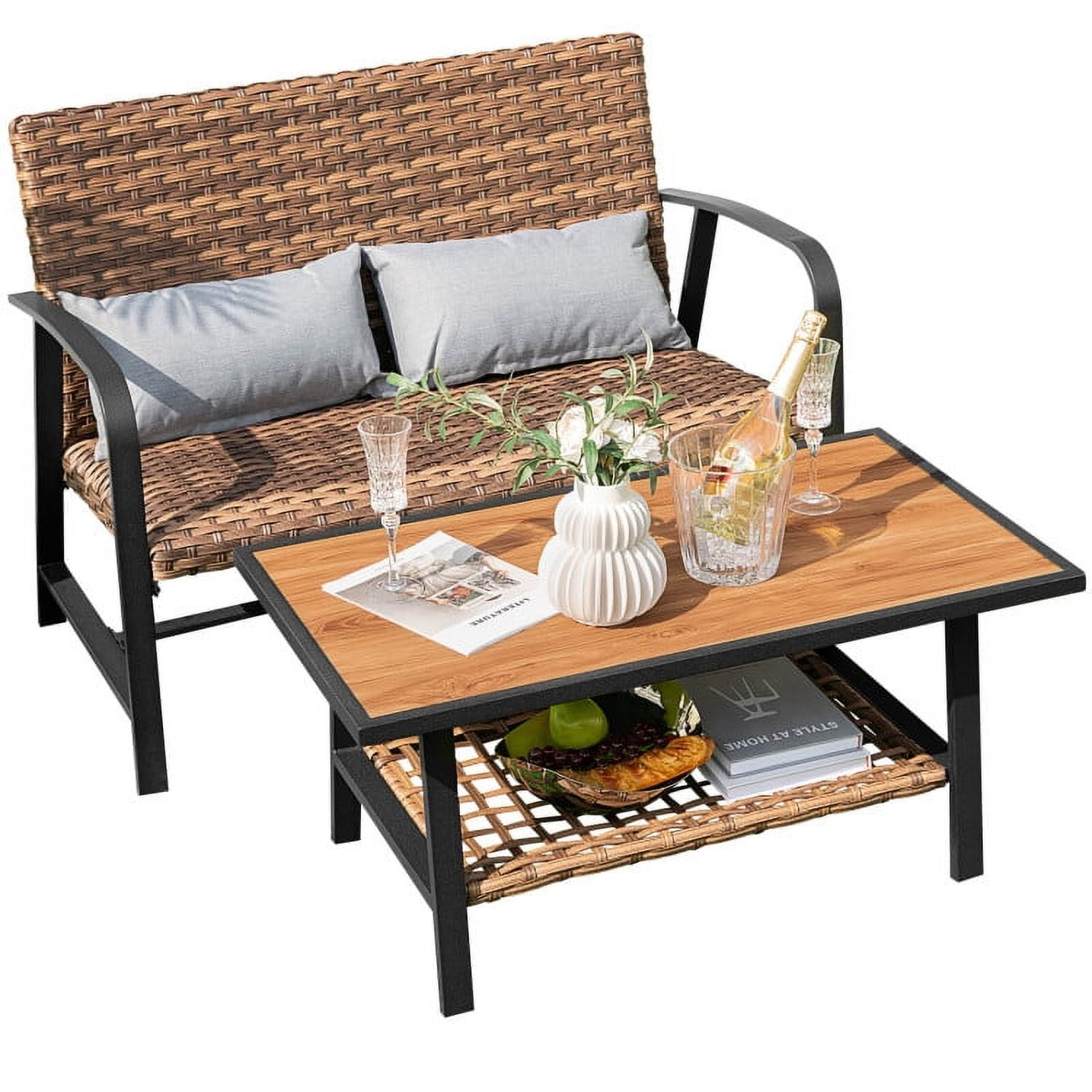Aimee Lii 2 Pieces Patio Furniture Set, Patio Rattan Coffee Table Set with Shelf and Quick Dry Cushion Aimee Lii 2 Pieces Patio Furniture Set, Patio Rattan Coffee Table Set with Shelf and Quick Dry Cushion