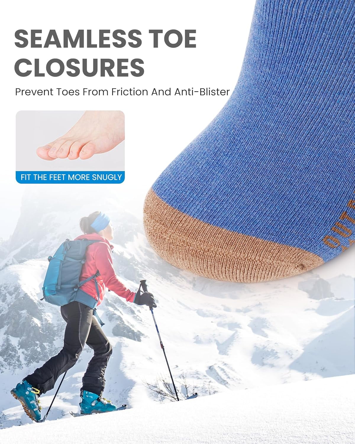 OutdoorMaster Ski Socks 2-Pack Merino Wool, Over The Calf Non-Slip Cuff for Men & Women