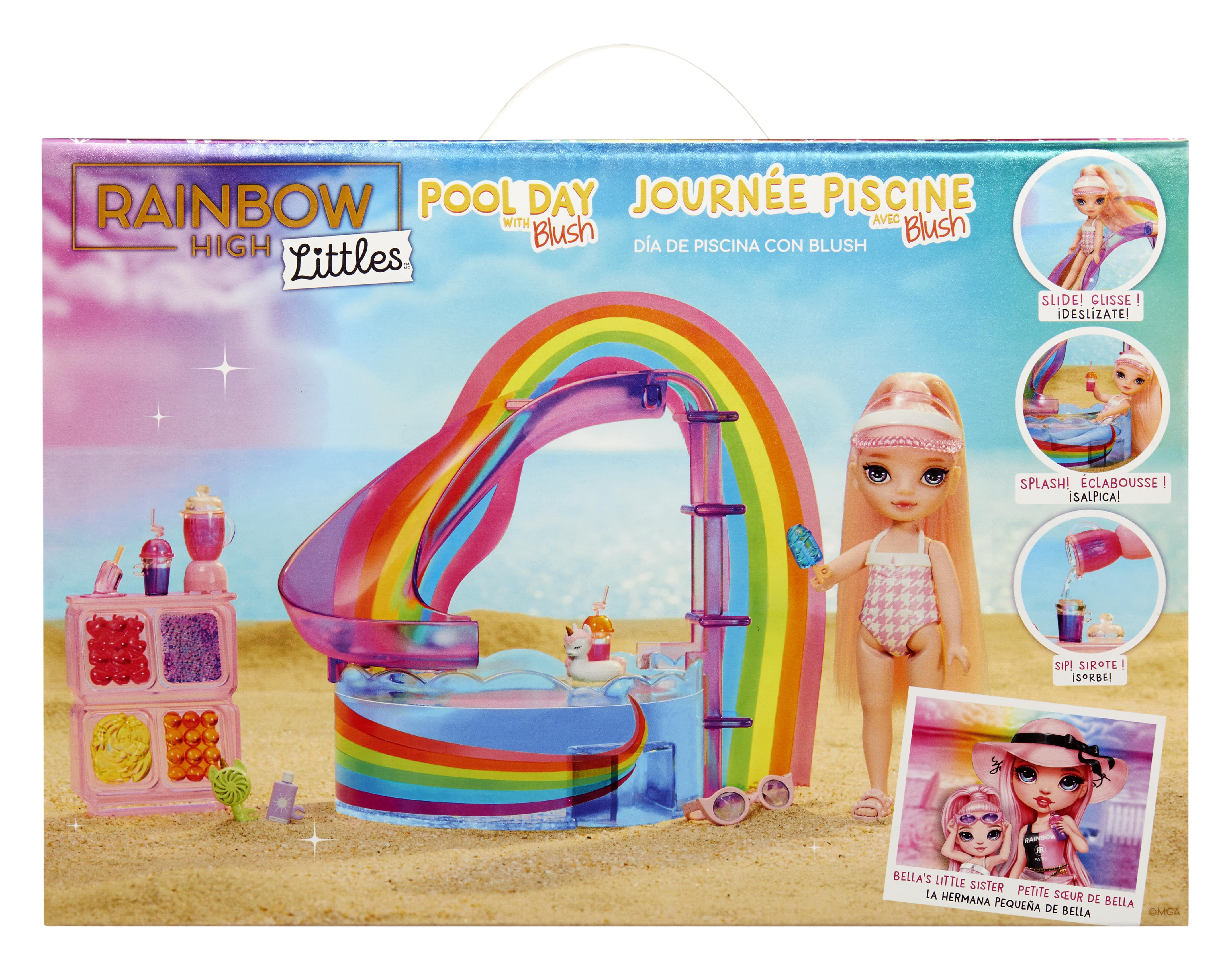 Rainbow High Littles Pool Day Playset + Small Doll (Pink 5.5”), Pool with Rainbow Slide,Kids Gift Ages 4+
