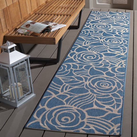 SAFAVIEH Courtyard Chester Floral Indoor/Outdoor Runner Rug, 2'4" x 14', Blue/Beige