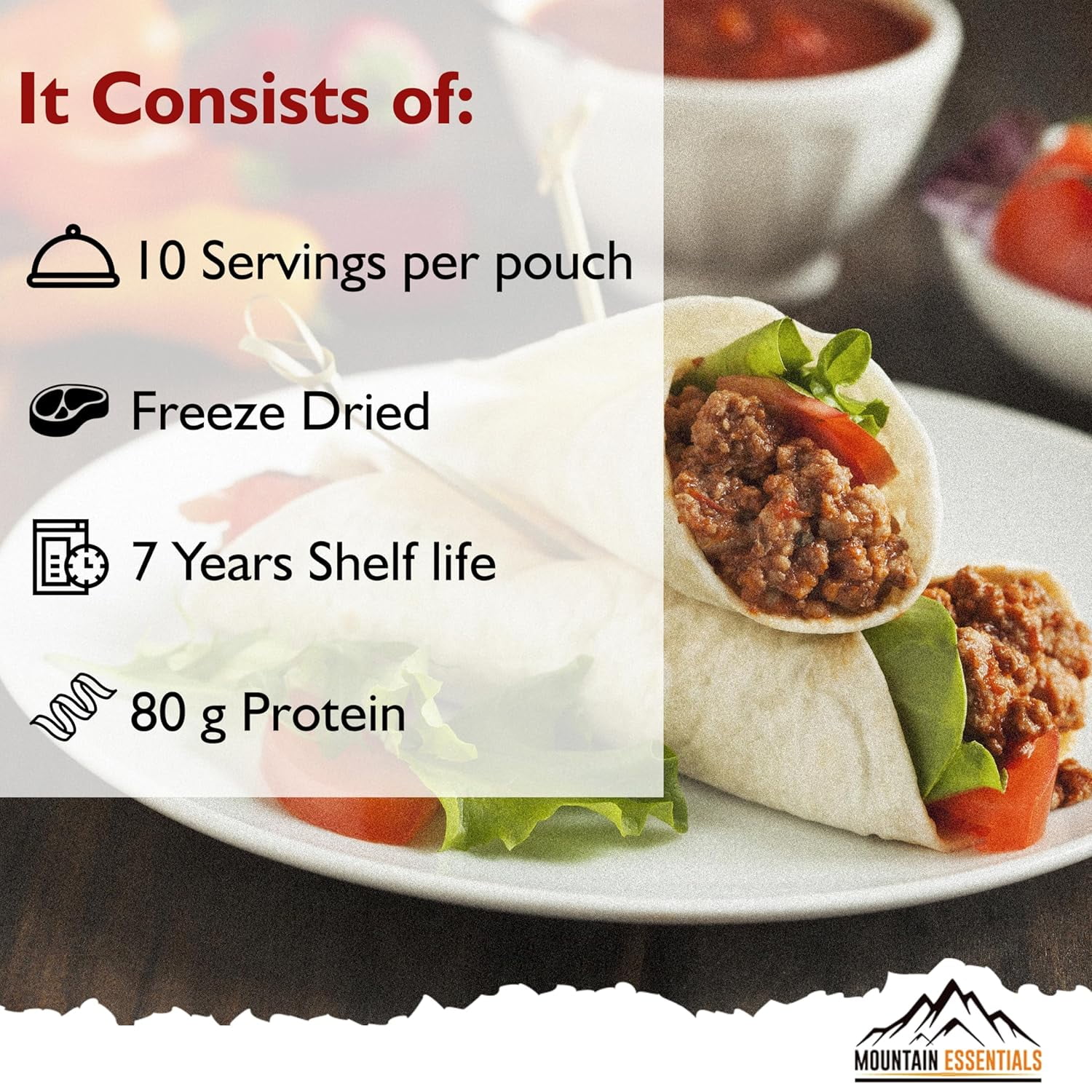 MOUNTAIN ESSENTIALS Freeze Dried Ground Beef Fully Cooked | Ready to Eat | No Water Added | No Preservatives | Survival & Emergency Food For Hunting, Backpacking & Camping Food 10 serving (300g/Pouch)