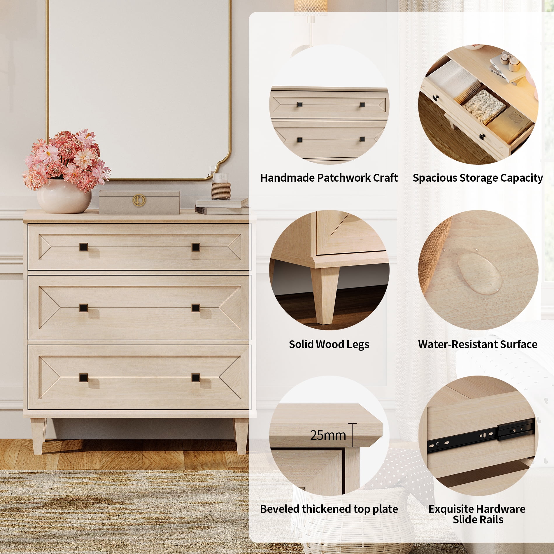 WAMPAT Handmade Patchwork 31.5" TV Stand with 3 Drawers, Fits up to 36" TV, Beige