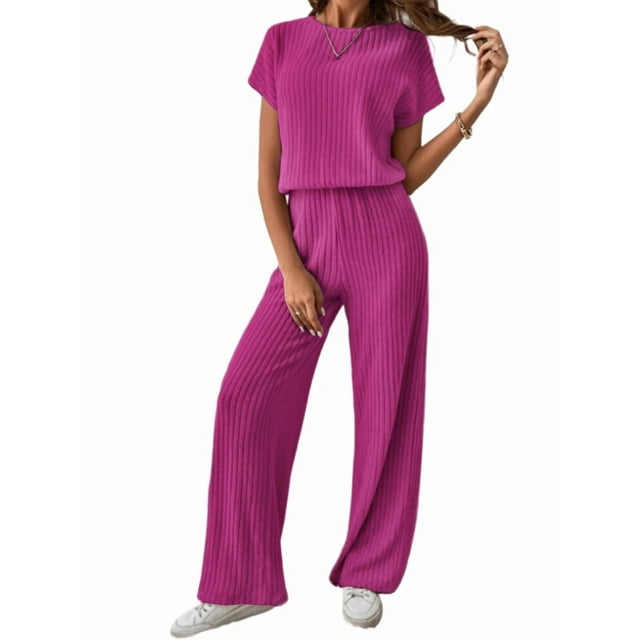 Traje Informal de Dos Piezas para Mujer, para Viajes y Vacaciones de Verano, con Corta y Pantalones Anchos. Rosa Roja L