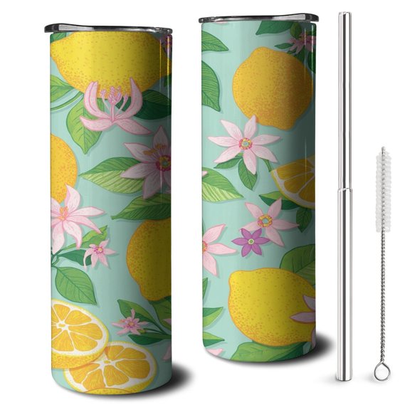 Lemon Skinny Tumbler with Lid Straw Stainless Steel Travel Cups Decorative Thermal Insulated 20 oz Coffee Mug for Spring Summer Birthday Christmas