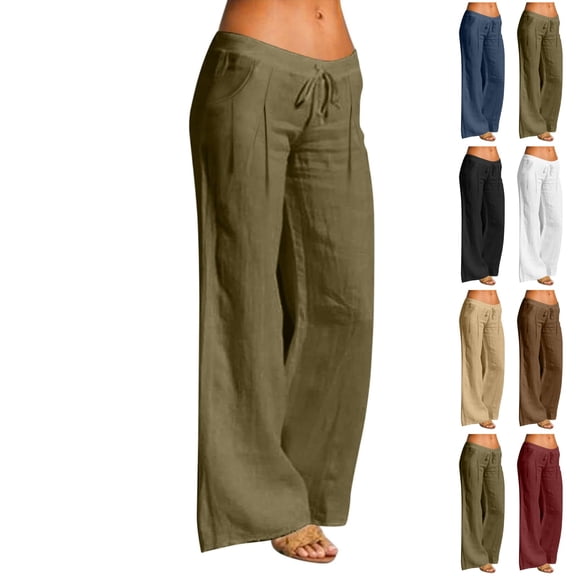Linen Pants Women 2026 Summer Palazzo Wide Leg Flowy Pant Low Waist Casual Loose Fit Vacation Trousers Beach Outfits Army Green S