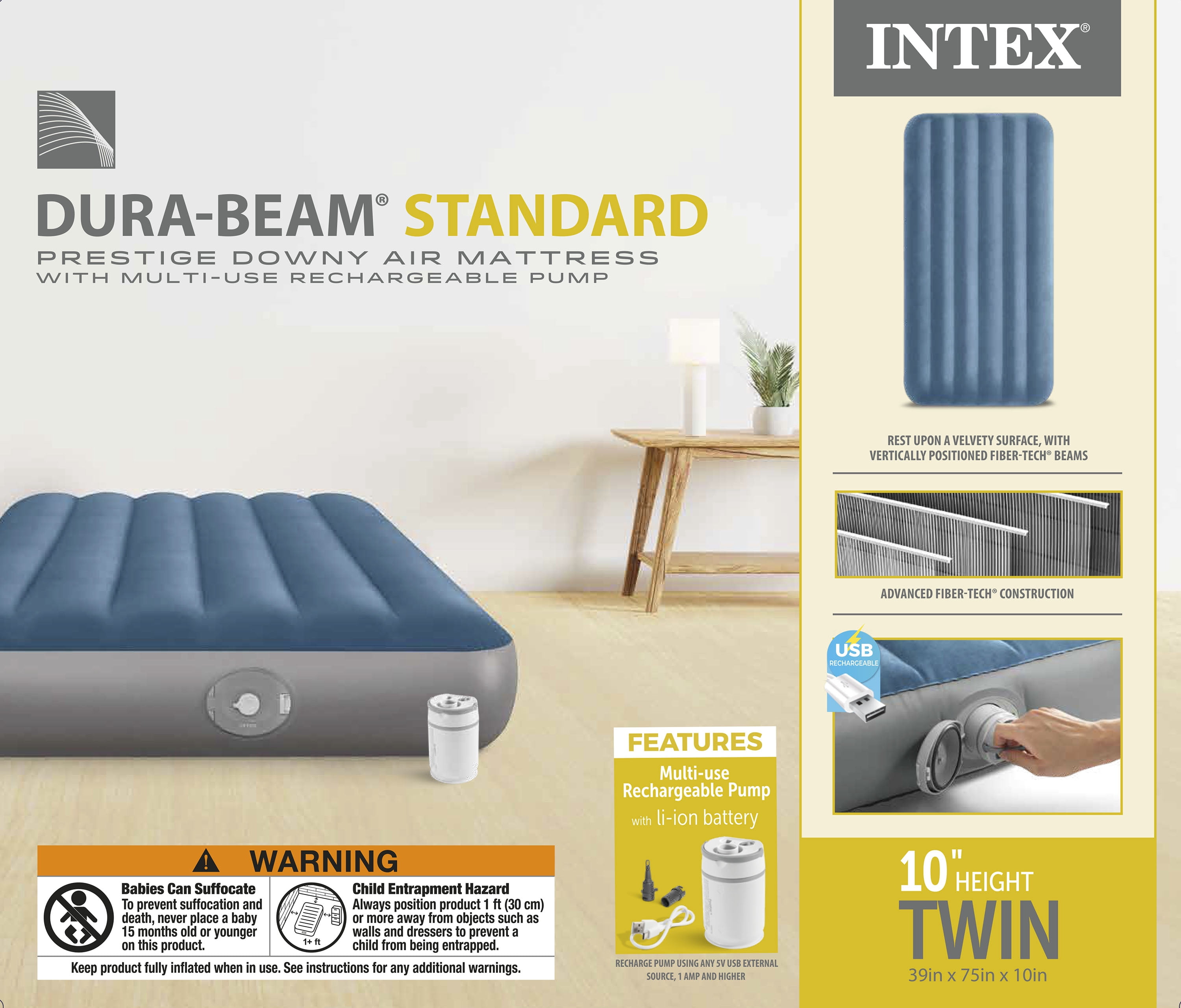 Intex Dura-Beam Prestige Downy Twin 10" Air Mattress with Multi-use Rechargeable Pump