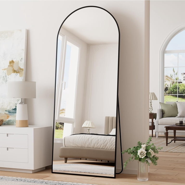 TinyTimes Arched Full Length Mirror - 64"x21" Floor Or Wall Mirror, Aluminum Frame, Black