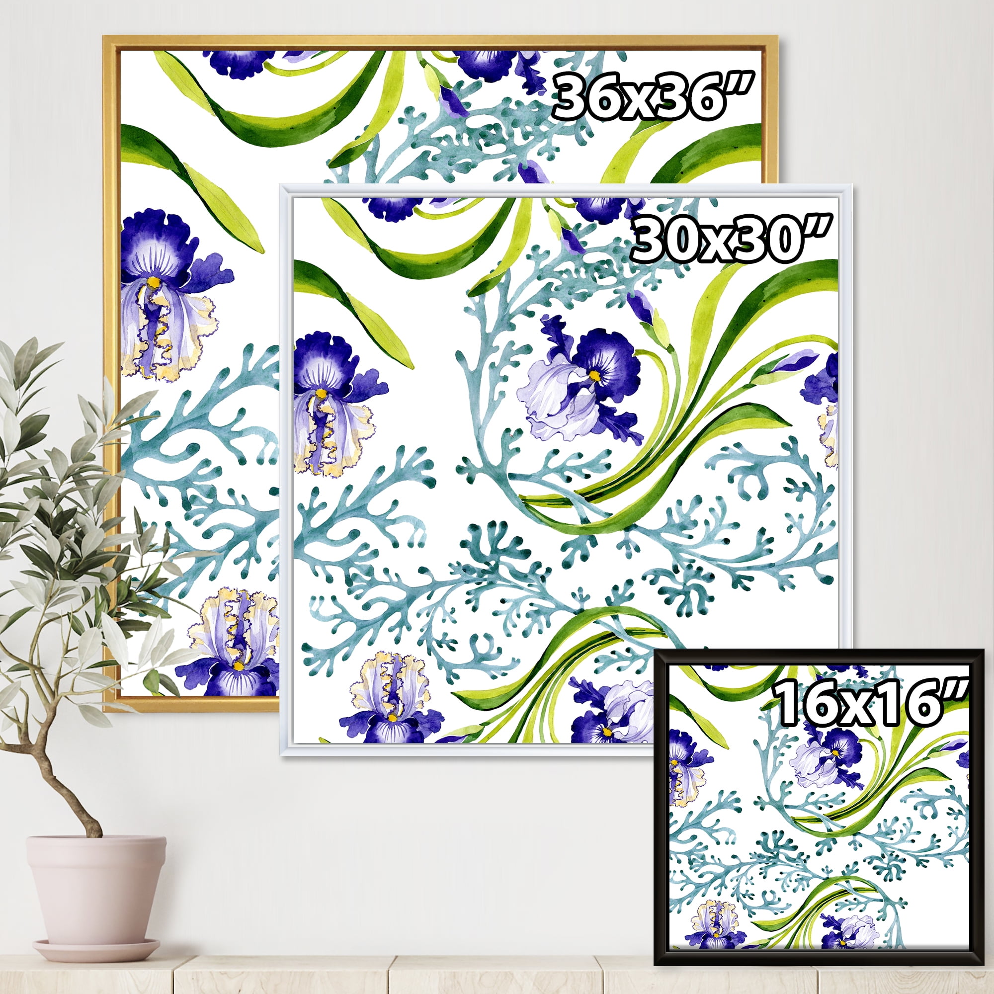 Designart 'Abstract Blue Iris With Wild Spring Leaves' Traditional Framed Canvas Wall Art Print