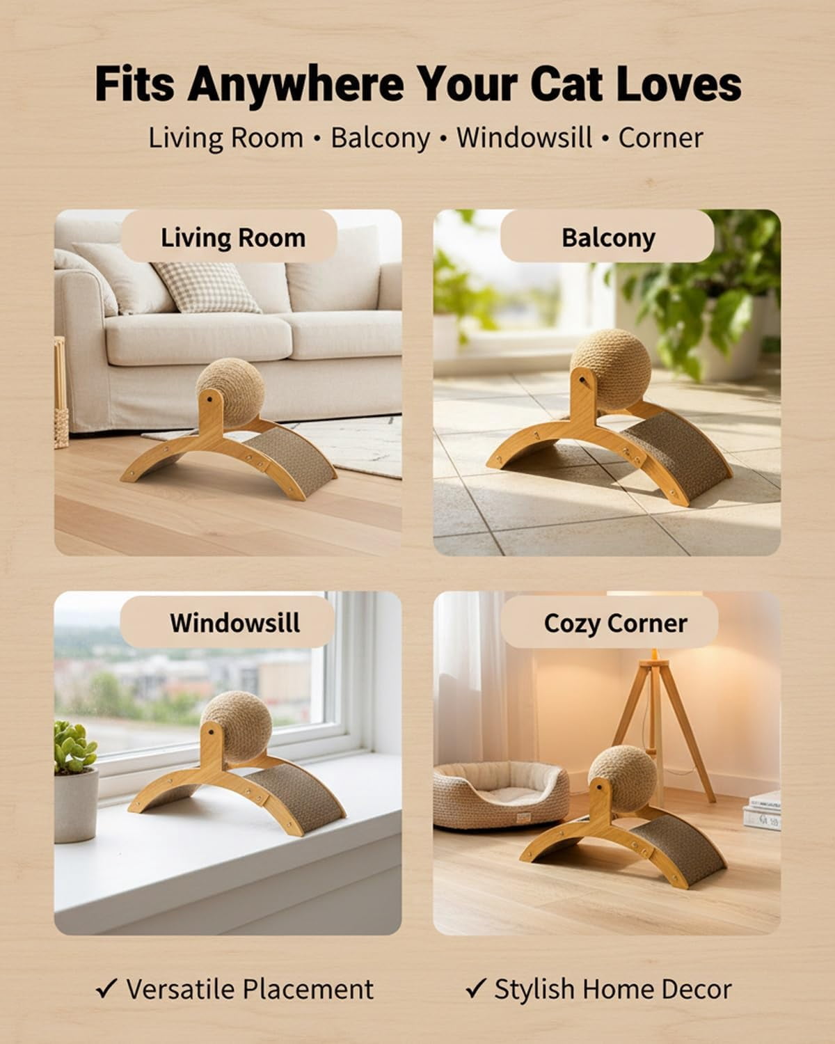 Cat Scratching Ball with Stand, 360° Rotating Sisal Ball Interactive Cat Scratcher, Arch Bridge Design Cat Scratching Post for Indoor Cats, Furniture Protector for Cats(L)