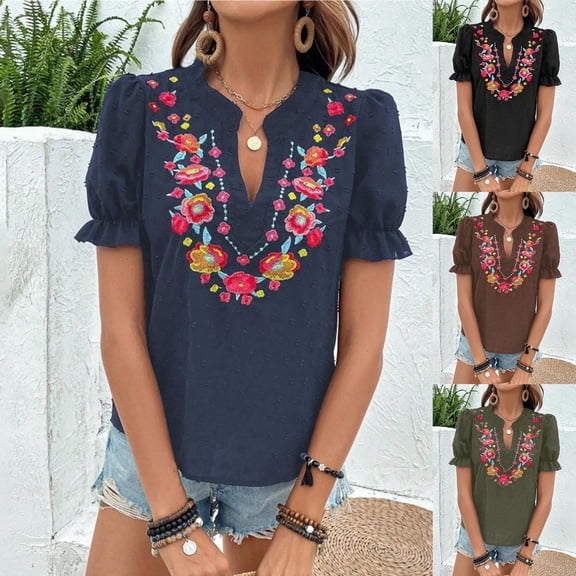 YHAJDS Womens T Shirts Cotton Linen Like Embroidered Short Sleeve V Neck Pullover Casual Tops