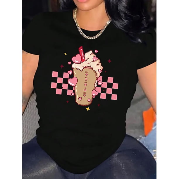 Creative Love Snow Top Pattern Print Women's Fashion Trendy Round Neck Short Sleeve, Simple Casual Sports T-shirt, Holiday Comfortable Summer Top Women's Clothing