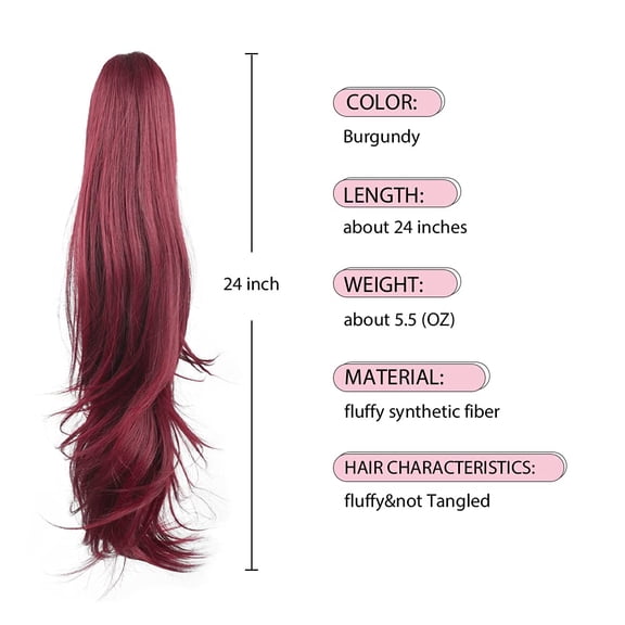 WEIF-Ponytail Extension,24" Wine Red Claw Clip Hair Extensions for Women Straight Hair Piece Synthetic Wavy Pony Tail Halloween Fluffy Daily Use