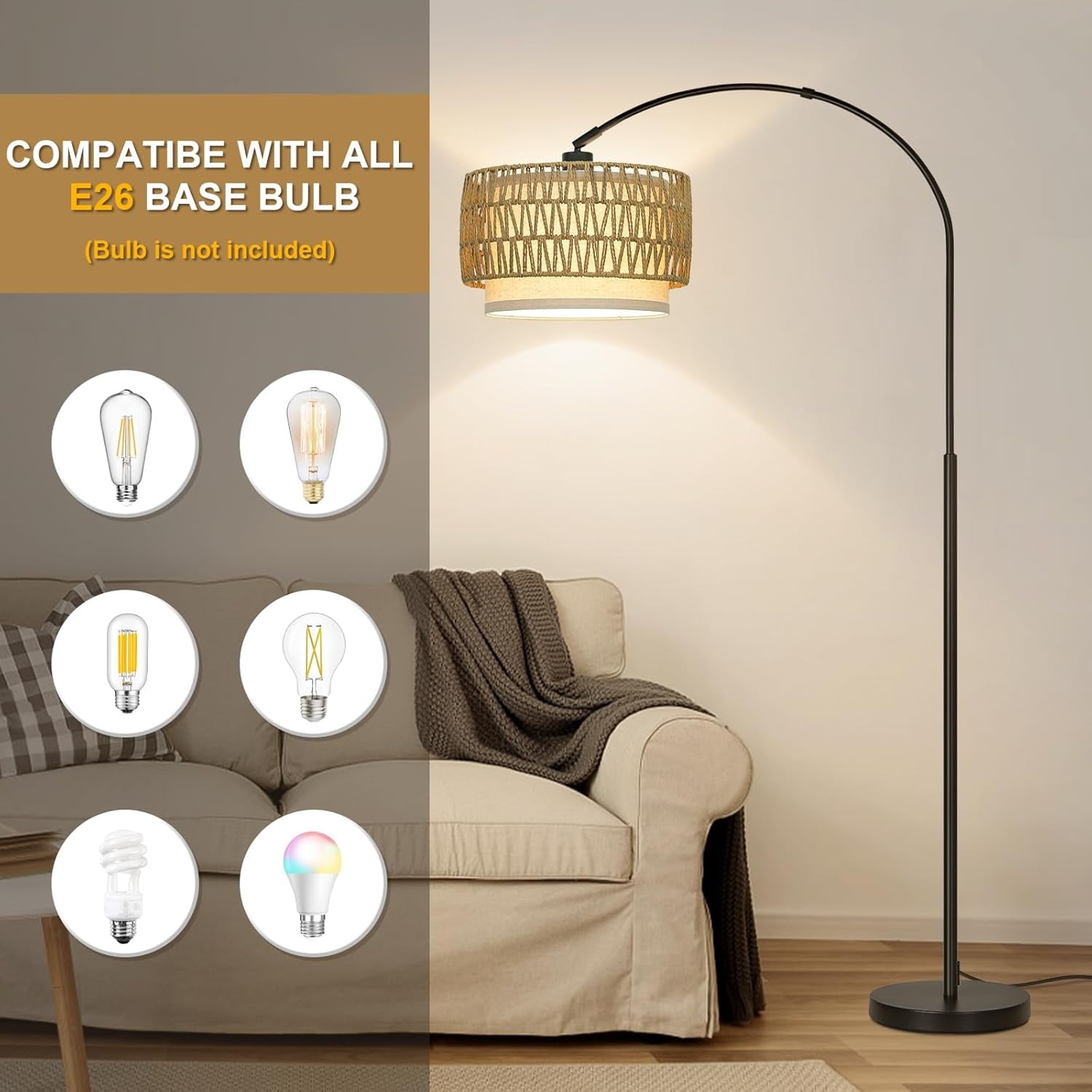 Floor Lamp, Floor Lamps for Living Room, Standing Lamp with Adjustable Hanging Fabric Shade, Tall Pole Lamp with Foot Switch, Over Couch Reading Light for Bedroom, Office
