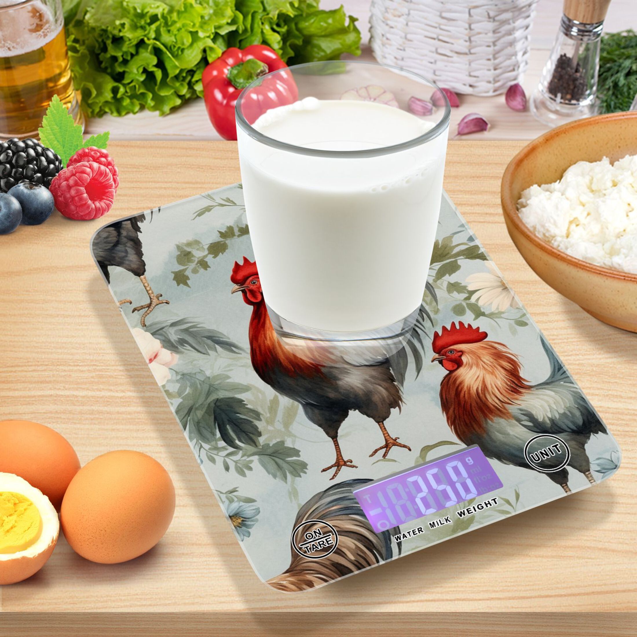 Chickens Flowers Leaves Food Scale Digital Kitchen Scale Waterproof Tempered Glass Tare Function 11 lb for Baking Cooking Meal Prep