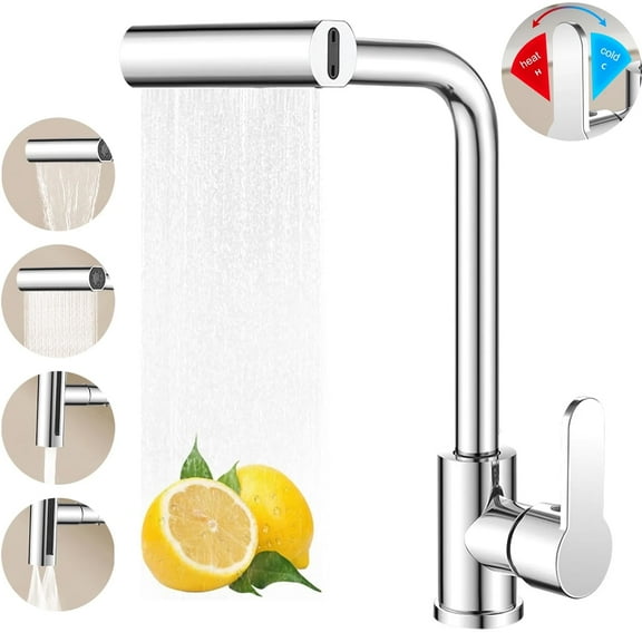 OhhGo Kitchen Faucet with Sprayer, Waterfall Touch Single Hole Stainless Steel Sink Faucet, Commercial Utility Single Handle Faucets for Kitchen Sinks, Silver