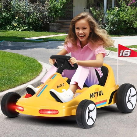 JOYLDIAS Electric 12V Kids Go Kart Ride on Car with Remote Control, Flag, Music, Lights (Yellow)