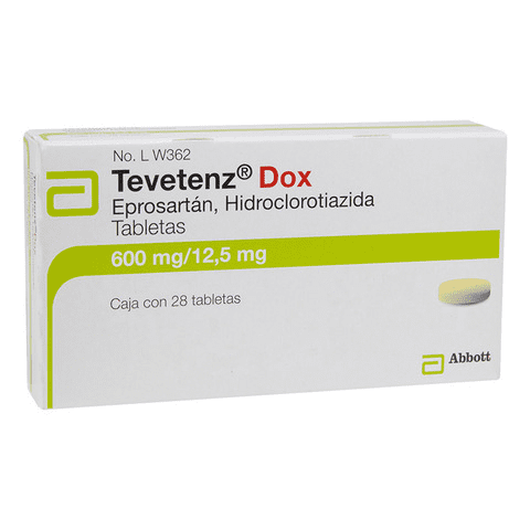 Tevetenz Dox 600 mg/12.5 mg 28 tabletas, caja blanca rectangular con texto en negro y verde que indica eprosartán e hidroclorotiazida, medicamento antihipertensivo en tabletas, empaque con logo Abbott en esquina inferior derecha, indicado para tratamiento farmacéutico bajo prescripción médica.