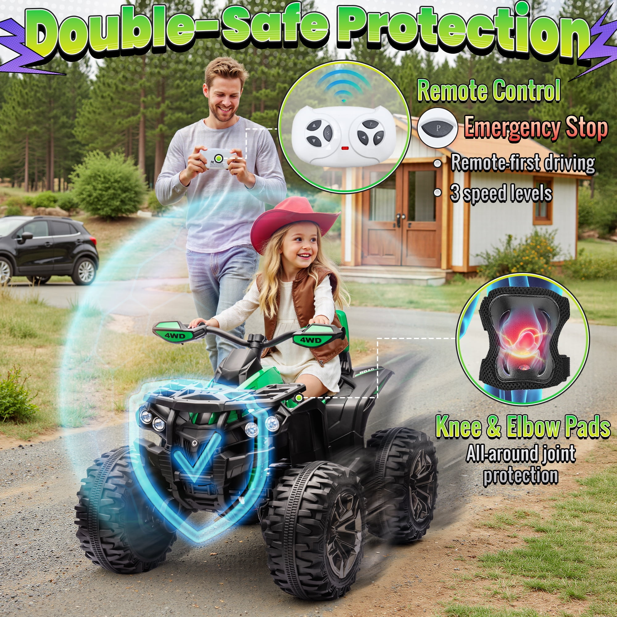 4WD 24 Volt Ride on Toys with Remote, Joyracer 4 Wheeler for Kids, Power Car Wheels, Toy Gift with Bluetooth Music, Horn, LED for Big Kids, Green
